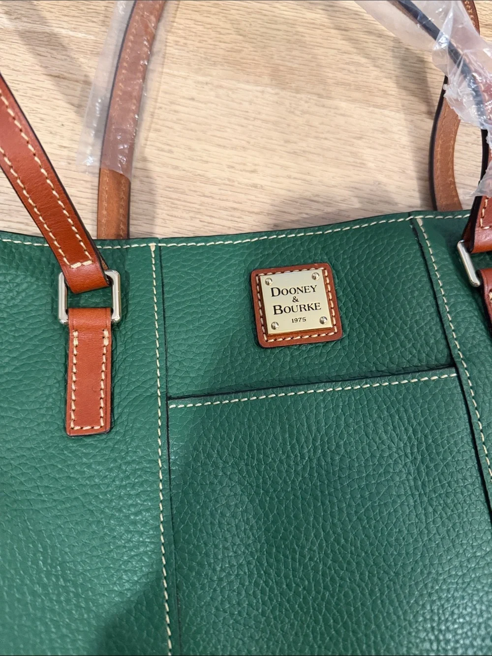 Dooney & Bourke Green Pebbled Leather Tote with Brown Straps